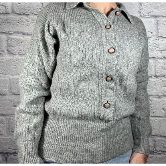 Vintage Wool and Angora Button Up Cable Knit Collared Grandma Chic Sweater - Picture 3 of 8